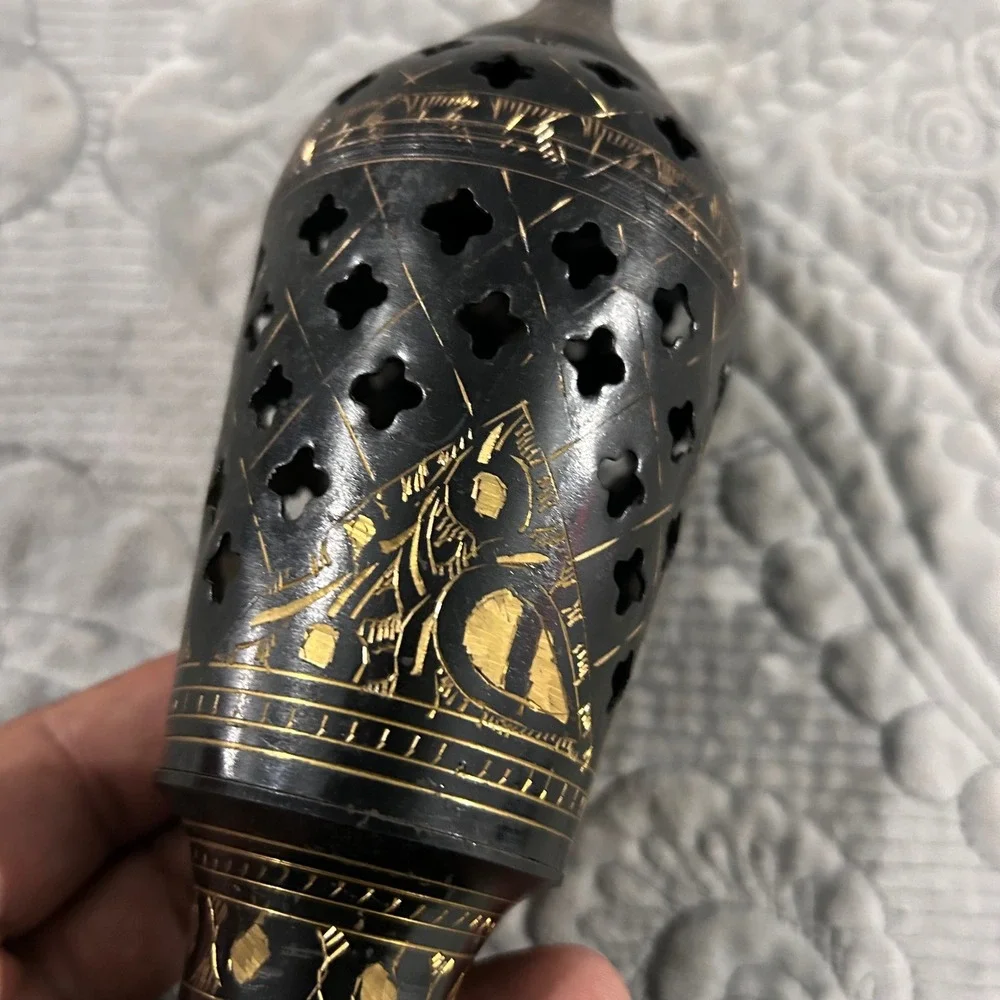 Vintage Persian Etched Brass Floor Lamp Black Gold Floral Tall Decorative Stand